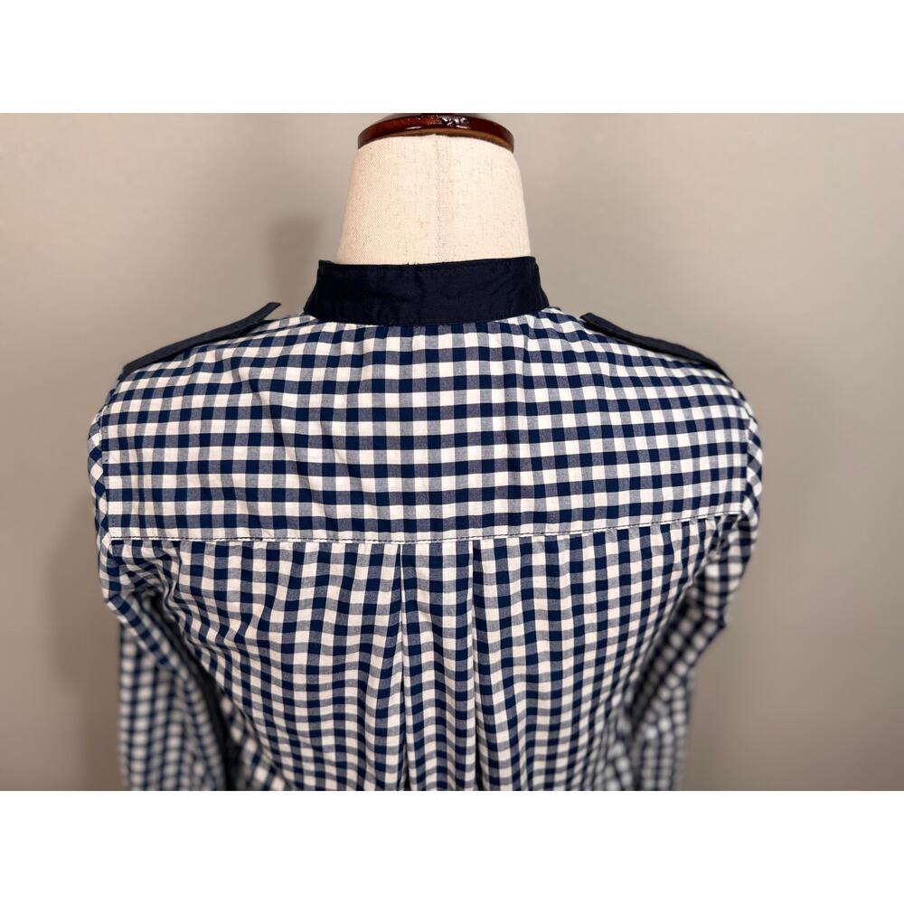 Tory Burch blouse navy blue white gingham long sleeve logo buttons epaulettes  6 - Picture 7 of 12